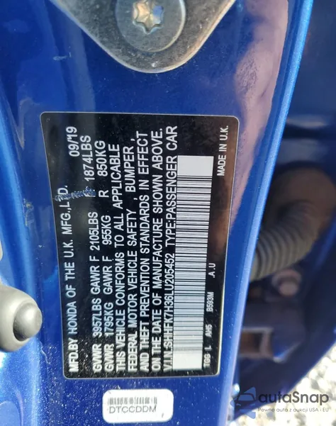 2020 Honda Civic Lx z USA, uszkodzony, nr VIN SHHFK7H36LU205452